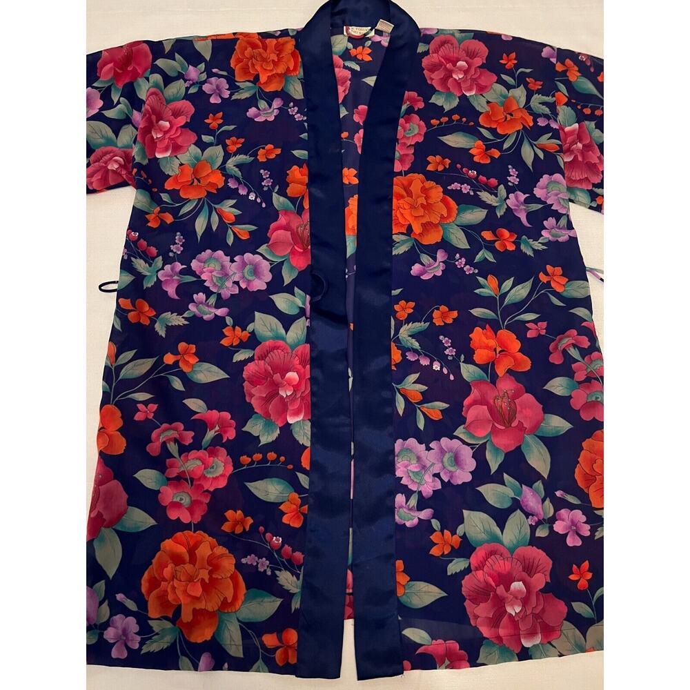 Victoria's Secret Kimono Robe‎ Women's One Size Blue Satin Floral Gold Label VTG
